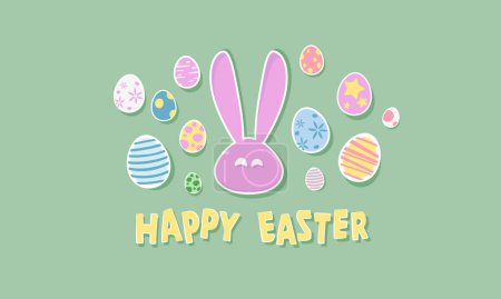 Ilustración de Tarjeta de felicitación feliz Pascua con orejas de conejo y huevos - Imagen libre de derechos