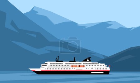 Téléchargez les illustrations : Hurtigruten Norwegian Fjord Cruise Ship Landscape Vector Oeuvre d'art - en licence libre de droit