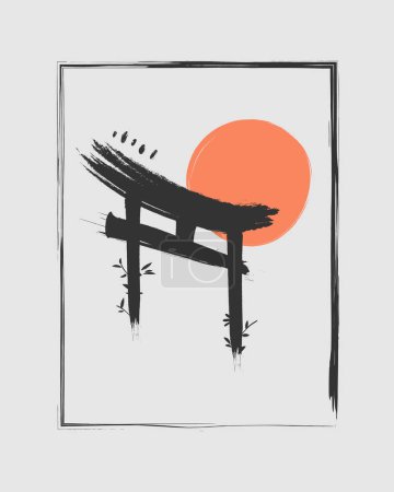 Téléchargez les illustrations : Peinture à la brosse chinoise Arche traditionnelle Illustration vectorielle du soleil - en licence libre de droit