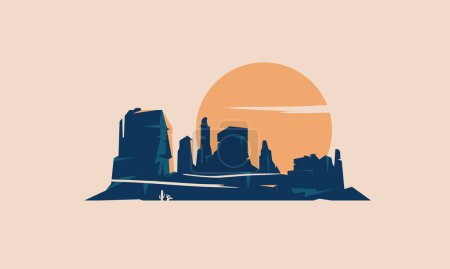 Téléchargez les illustrations : Desert Prairie Mountain Rock Sun Landscape Logo Retro Vintage Carte postale Illustration vectorielle Randonnée Voyage - en licence libre de droit