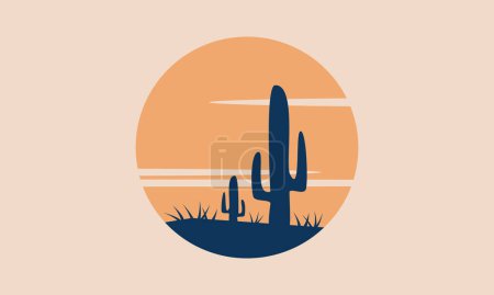 Illustration for Cactus Western Sunset Landscape Retro Postcard Vector Illustration - Royalty Free Image