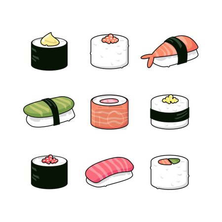 Ensemble d'icône vectorielle Sushi stylisé fond transparent PNG