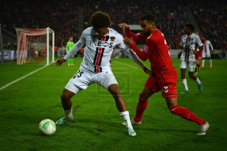 Photo for GERMANY, COLOGNE - NOVEMBER 3, 2022: Jean-Clair Todibo, Linton Maina. The match of UEFA Europa Conference League 1. FC Koeln - OGC Nizza at RHEIN Energie Stadion - Royalty Free Image
