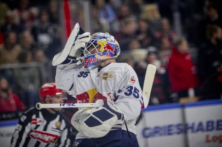 Foto de COLOGNE, ALEMANIA - 5 ENERO 2024: Mathias Niederberger, partido de hockey de Penny DEL Koelner Haie - Red Bull Muenchen en Lanxess Arena - Imagen libre de derechos