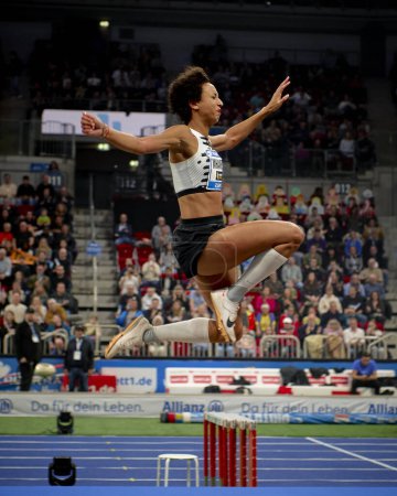 Photo for DUSSELDORF, GERMANY - 4 FEBRUARY, 2024: Maleika MIHAMBO in the long jump ISTAF Indoor. Athletics competition at PSD BANK DOME - Royalty Free Image