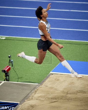 Photo for DUSSELDORF, GERMANY - 4 FEBRUARY, 2024: Maleika MIHAMBO in the long jump ISTAF Indoor. Athletics competition at PSD BANK DOME - Royalty Free Image
