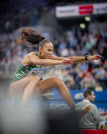 Photo for DUSSELDORF, GERMANY - 4 FEBRUARY, 2024: Laura Raquel Mueller GER in the long jump ISTAF Indoor. Athletics competition at PSD BANK DOME - Royalty Free Image