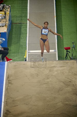 Photo for DUSSELDORF, GERMANY - 4 FEBRUARY, 2024: Mikaelle Assani GER SCL Heel Baden Baden in the long jump ISTAF Indoor. Athletics competition at PSD BANK DOME - Royalty Free Image