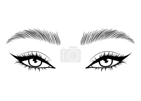 Vector Hand drawn beautiful female eyes with long black eyelashes and brows close up. Makeup, beauty salon symbol.