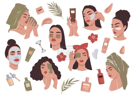 Illustration for Woman Beauty Vector Set. Skincare Routine. Beautiful Girls with Face Mask, Eye Patches. Cream, Massage Gua Sha and Drinking Morning Coffee. Cosmetic Collection. - Royalty Free Image