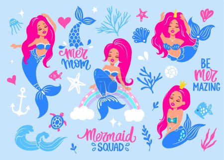 Sirenas lindas ilustraciones colección vectorial. Sea Plants, Fishes, Lettering Quotes. Adorables personajes de dibujos animados. Clipart de niños coloridos