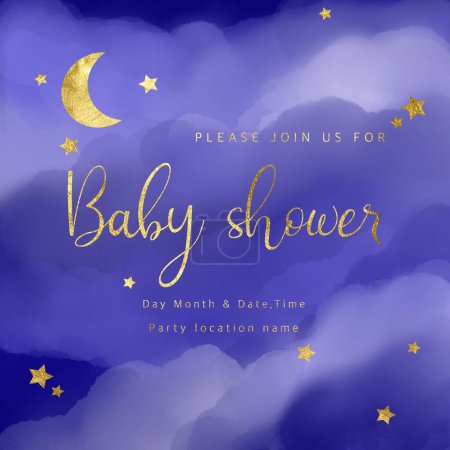 Téléchargez les photos : Carte d'invitation de douche bébé avec lune et étoiles - en image libre de droit