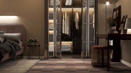 Photo for Luxury, modern design of walk in closet with stainless frame, wooden wardrobe in dark brown interior design bedroom with bed, desk, book shelf, floor lamp on carpet floor for decoration background 3D - Royalty Free Image