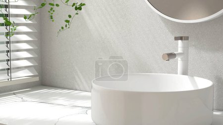 Photo for Modern marble vanity counter, white round ceramic washbasin, mirror, creeper plant in sunlight from window blinds on luxury bathroom wall for cosmetic, beauty, toiletries product background 3D - Royalty Free Image