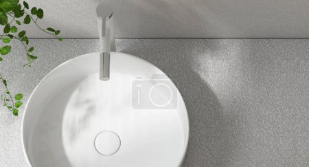 Photo for Modern gray stucco vanity counter, white round ceramic washbasin, faucet, creeper plant in sunlight on texture wall luxury bathroom for cosmetic, beauty, toiletries product background 3D top view - Royalty Free Image