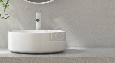 Téléchargez les photos : Comptoir de vanité moderne en stuc gris, lavabo en céramique ronde blanche, robinet, plante rampante, miroir rond à la lumière du soleil sur la texture mur salle de bain de luxe pour cosmétiques, beauté, articles de toilette fond du produit 3D - en image libre de droit