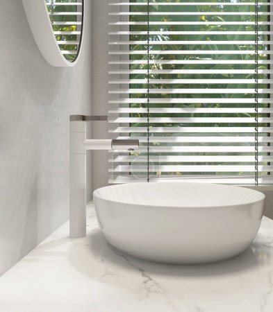 Photo for Modern marble vanity counter, white oval ceramic washbasin, mirror, creeper plant in sunlight from window blinds on luxury bathroom wall for cosmetic, beauty, toiletries product background 3D - Royalty Free Image