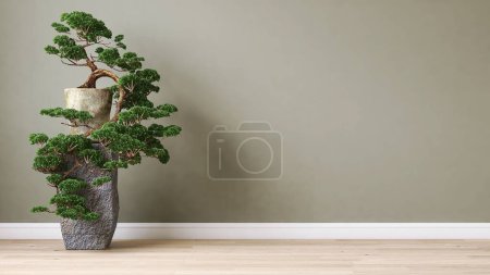 Photo for Clean, blank sage green wall with large Japanese bonsai tree in old concrete pot stand on brown parquet floor in sunlight for interior design decoration, appliance, furniture product background 3D - Royalty Free Image