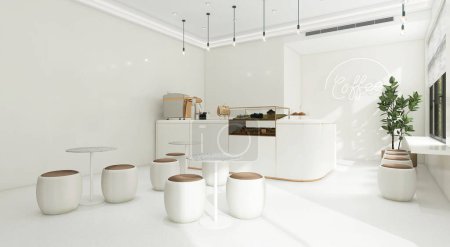 Foto de Pequeña cafetería de diseño de estilo coreano moderno, mostrador de esquina redonda blanca marfil brillante, exhibición de pastel, máquina de café espresso profesional, mesa de bar, taburete por ventana para el fondo de decoración de diseño de interiores 3D - Imagen libre de derechos
