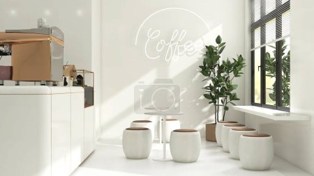 Photo for Sitting area in modern Korean style cafe, coffee and bar table, brown cushion stool chair, glossy ivory white round corner counter with espresso machine for interior design decoration background 3D - Royalty Free Image