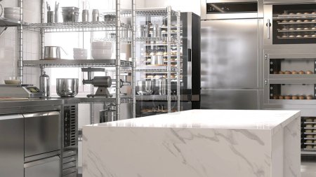 Téléchargez les photos : Table d'îlot supérieure vide en marbre blanc dans la cuisine commerciale et professionnelle de boulangerie avec convection en acier inoxydable, four à terrasse, congélateur, réfrigérateur, étagère, armoire, équipement pour l'arrière-plan 3D - en image libre de droit