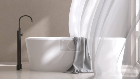 Téléchargez les photos : Baignoire en céramique blanche, pomme de douche noire, robinet, rideau transparent soufflant à la lumière du soleil sur le mur de texture stuc brun beige, sol en marbre pour le luxe, intérieur moderne, fond d'articles de toilette 3D - en image libre de droit