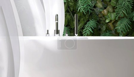 Téléchargez les photos : Table d'appoint ronde blanche en acier argenté par baignoire, rideau transparent soufflant, salle de bain design de luxe à la lumière du soleil sur le mur de plantes tropicales à feuillage vert pour articles de toilette fond d'affichage du produit 3D - en image libre de droit