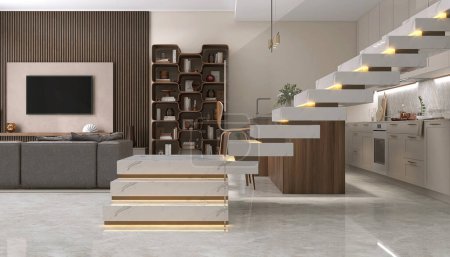 White marble L shape floating stairs, led stripe light under tread staircase, tempered glass panel balustrades in luxury living room, kitchen for interior design decoration, product background 3D