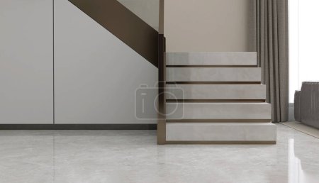 Photo for Luxury, modern L shape granite stone staircase, tempered glass panel, gold steel handrail, storage under stairs in beige wall hall in sunlight from window on marble floor. Interior background 3D - Royalty Free Image