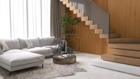 Foto de Sala de estar de lujo, sofá de esquina gris en la alfombra de shag, escalera de escalera en voladizo de madera en forma de L, balaustradas de panel de vidrio templado a la luz del sol de la ventana en la pared del panel de madera, fondo de mármol blanco 3D - Imagen libre de derechos