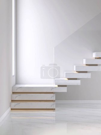 Téléchargez les photos : Escalier de luxe en marbre blanc en forme de L, riser brun, lumière cachée lcd sous la bande de roulement, panneau en verre trempé à la lumière du soleil depuis une grande fenêtre à l'escalier d'atterrissage au sol en marbre. Fond intérieur 3D - en image libre de droit