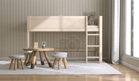 Photo for Brown small wooden kid table and chair set on gray carpet, parquet floor, beige loft bunk bed in sunlight on cream white stripe wallpaper wall for children interior design bedroom background 3D - Royalty Free Image