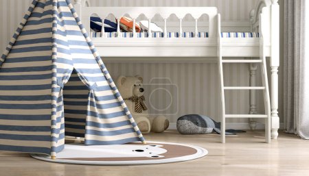 Photo for Blue white stripe kid teepee tent, round rug, bear doll, vintage style white loft bunk bed in sunlight on beige white stripe wallpaper wall for children interior design bedroom background 3D - Royalty Free Image