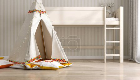 Photo for Cream fabric kid teepee tent, string light, beige loft bunk bed in sunlight on cream white stripe wallpaper wall for children interior design bedroom background 3D - Royalty Free Image