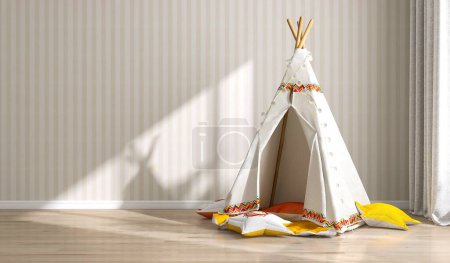 Photo for Cream fabric kid teepee tent, string light, cute red and yellow cushion pad in sunlight on cream white stripe wallpaper wall, parquet floor for children interior design bedroom background 3D - Royalty Free Image