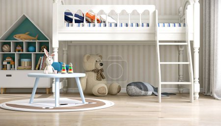 Photo for Blue small kid table, toy, house shape shelf, bear doll, vintage style white loft bunk bed in sunlight on beige white stripe wallpaper wall for children interior design bedroom background 3D - Royalty Free Image