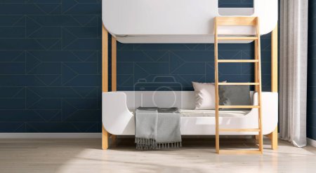 Foto de Moderno diseño escandinavo de litera de madera blanca a la luz del sol en la pared de fondo de pantalla de patrón geométrico azul marino para niños, dormitorio de diseño interior adolescente en 3D - Imagen libre de derechos