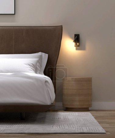 Téléchargez les photos : Luxe, table de chevet ronde en bois minime, projecteur noir, lit tête de lit en cuir marron, avec couverture blanche, oreiller, dans une élégante chambre murale beige au sol pour l'aménagement intérieur 3D - en image libre de droit