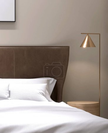 Téléchargez les photos : Luxe, table de chevet en bois ronde minimale, lampadaire en or, lit tête de lit en cuir marron, avec couverture blanche, oreiller, dans une élégante chambre murale beige au sol pour le décor intérieur 3D - en image libre de droit