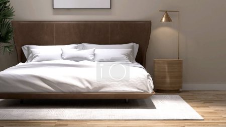 Téléchargez les photos : Élégante et luxueuse chambre murale beige avec grand lit de tête de lit en cuir marron, couverture blanche, oreiller, table de chevet en bois, lampadaire en or, arbre vert au sol pour le décor intérieur 3D - en image libre de droit