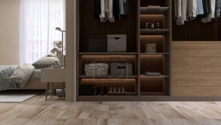 Photo for Luxury, modern walk in closet with storage, shelf, drawer, clothes in bedroom, wooden bed, gray blanket, bedside table in sunlight from window on beige brown stucco wall. Interior design background 3D - Royalty Free Image
