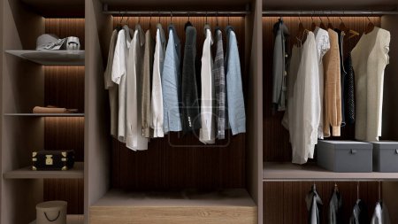 Photo for Modern, luxury brown built in, walk in closet wardrobe, wooden shelf, drawer, hidden light with neat, organized shirt, blouse, storage box for interior design, fashion, lifestyle product background 3D - Royalty Free Image