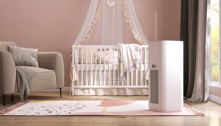 White modern design air purifier, dehumidifier in pink toddler bedroom, baby crib with canopy, beige sofa in sunlight from curtain drape window. Fresh air, healthcare, health technology background 3D