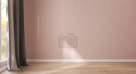 Photo for Empty room with cavern pink wall, beige and brown blackout curtain window, baseboard in sunlight, shadow for luxury interior design, decoration, renovation, home appliance product space background 3D - Royalty Free Image