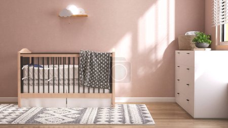 Photo for Luxury, cozy toddler bedroom, wooden baby cot bed on shag rug, white chest of drawer in sunlight from window blinds on pink wall, parquet floor for children interior design background 3D - Royalty Free Image