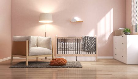 Photo for Luxury, cozy toddler bedroom, wooden baby cot bed, fur armchair on shag rug, white chest of drawer in sunlight from window blinds on pink wall, parquet floor for children interior design background 3D - Royalty Free Image