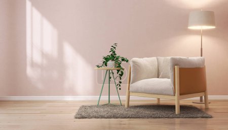 Photo for Cream fur cushion, brown, wooden armchair on shag rug, side table with plant in vase, floor lamp in sunlight on pink wall, parquet floor living room for luxury interior design, product background 3D - Royalty Free Image