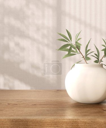 Photo for Blank brown wooden counter table, bamboo in cream vase in soft sunlight, leaf shadow on beige texture wallpaper wall for luxury cosmetic, skincare, beauty, body care product display background 3D - Royalty Free Image