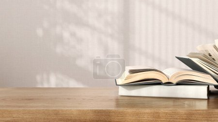 Photo for Blank brown wooden counter table, open, closed book pile stack in sunlight, leaf shadow on beige texture wallpaper wall for luxury for education, knowledge, learning, product display background 3D - Royalty Free Image