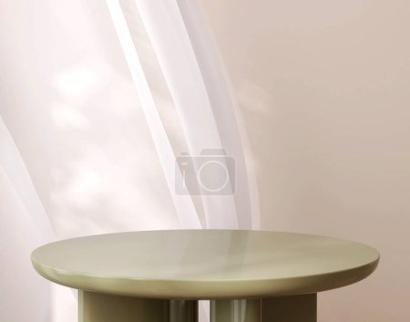Foto de Mesa auxiliar redonda verde brillante moderna vacía del podio de la salvia, blanco suave que sopla la cortina cortina cortina en la luz del sol en la pared beige para el cosmético de lujo, cuidado de la piel, belleza, fondo 3D de la exhibición del producto de la manera - Imagen libre de derechos